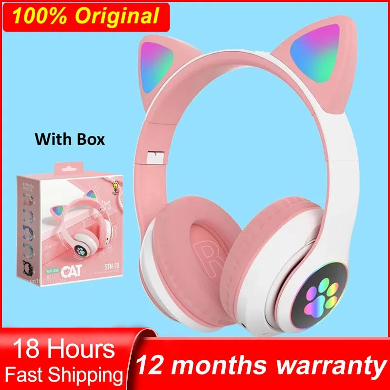 Cat Ears Headphones Flash Light Wireless With MIC Control LED Kid Girl Stereo Cute Music Helmet Bluetooth Phone Headset Earphone