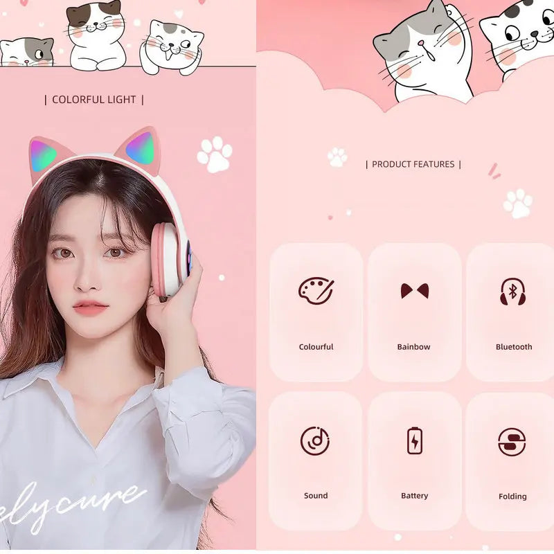 Cat Ears Headphones Flash Light Wireless With MIC Control LED Kid Girl Stereo Cute Music Helmet Bluetooth Phone Headset Earphone